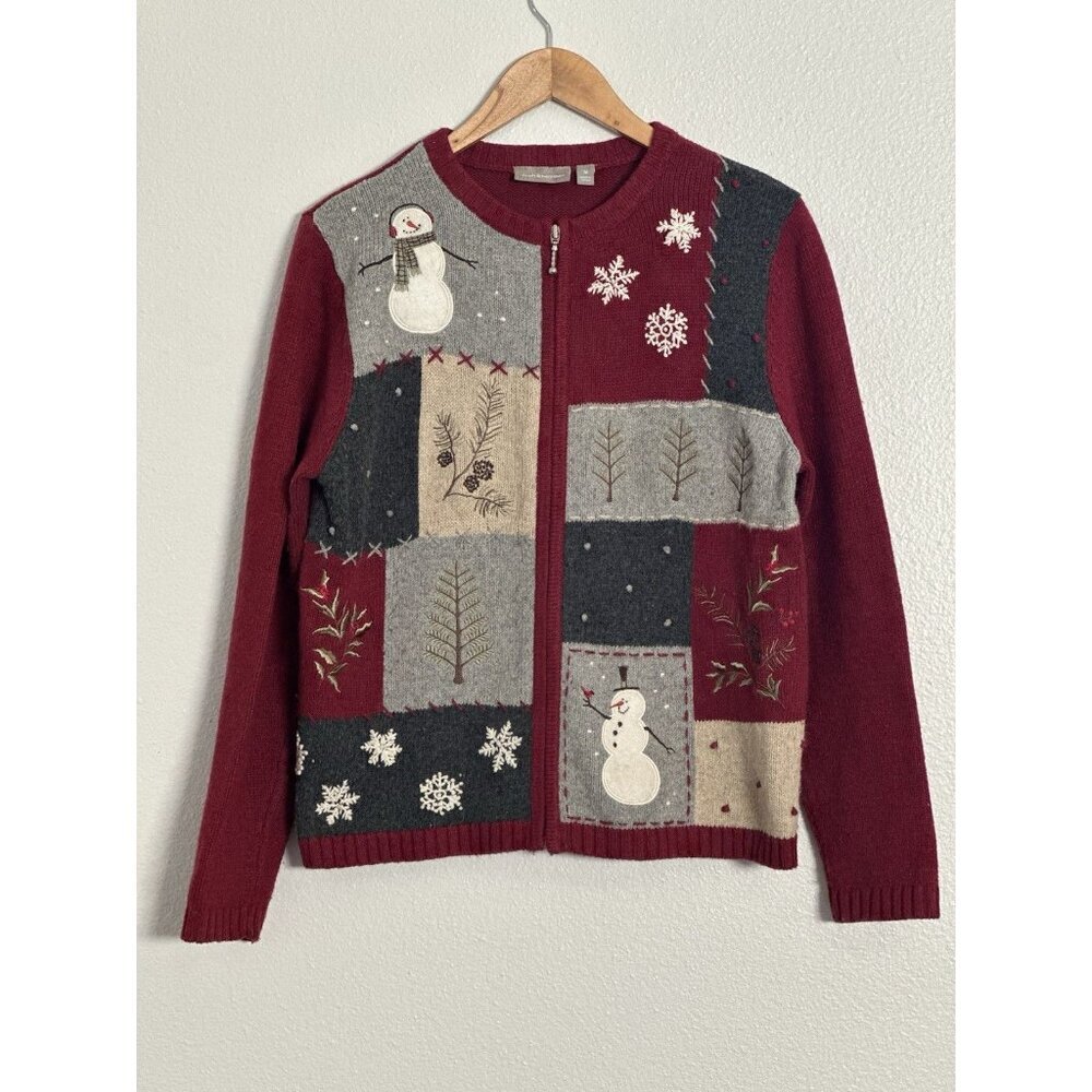 Croft & Barrow Women's Vintage Patchwork Christmas Cardigan‎ Full Zip Size Med